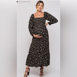 Black Floral Smocked Long Sleeve Maternity Maxi Dress